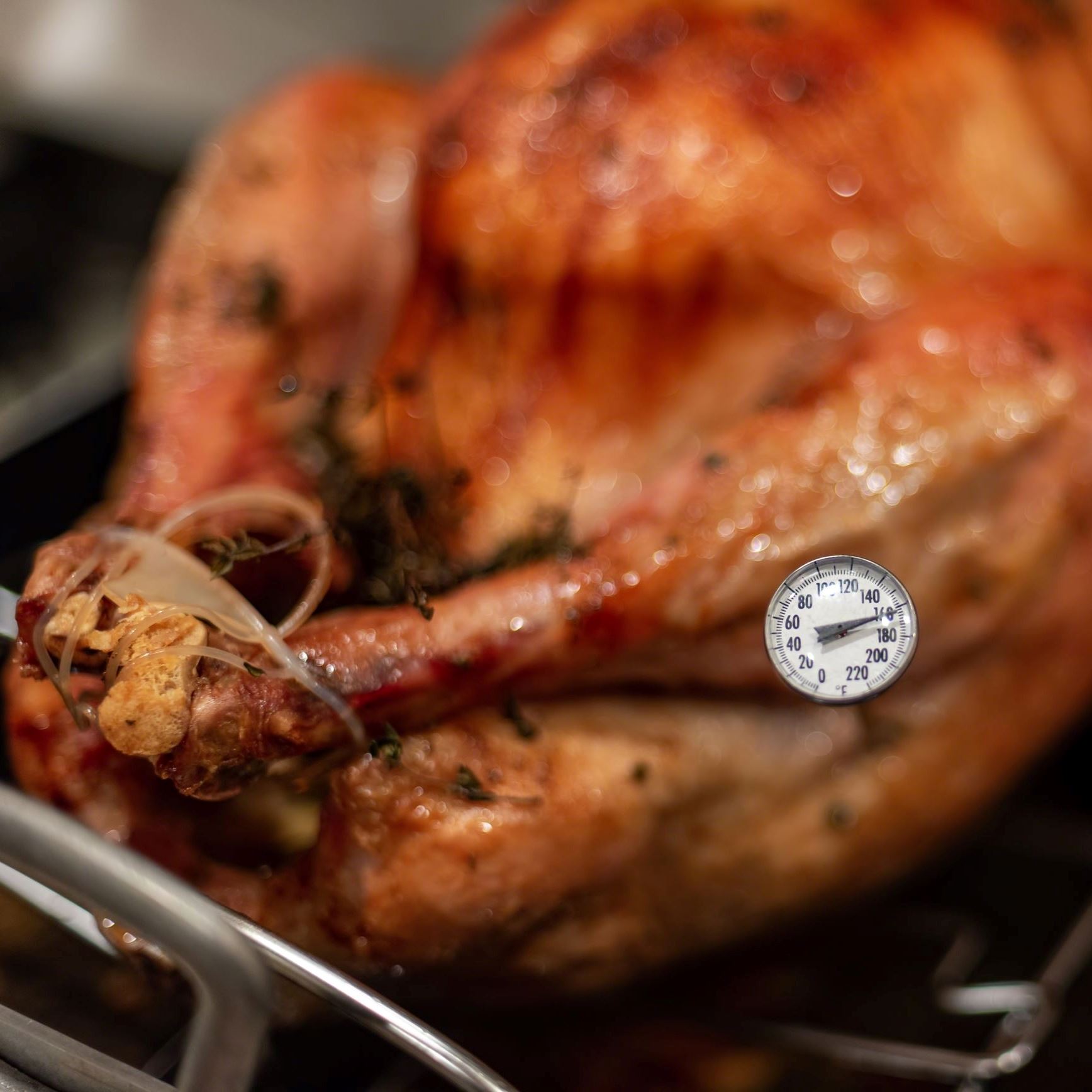 Photo of a succulent brown turkey roasted to perfection