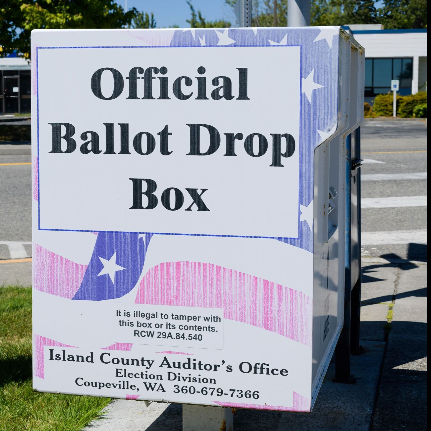 Photo of an Island County ballot drop box located in Oak Harbor, Washington