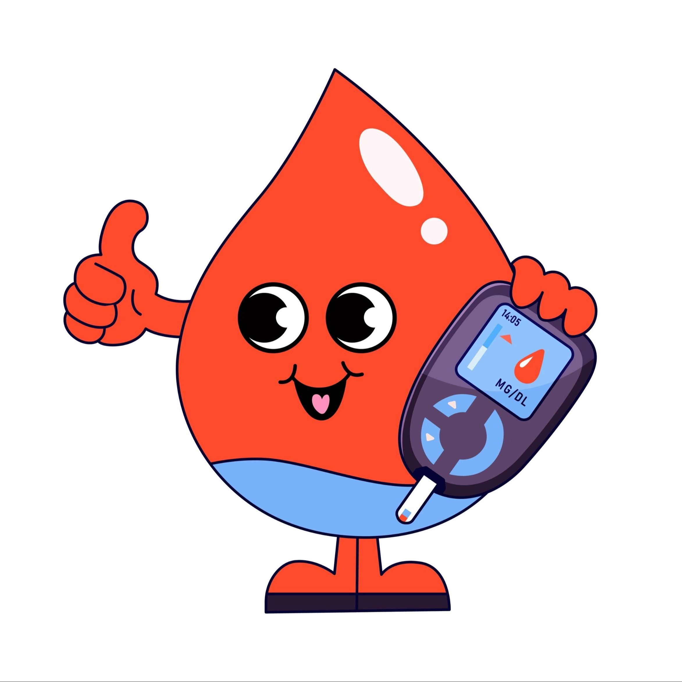 Image of a smiling cartoon blood drop holding a blood-testing meter to check for diabetes