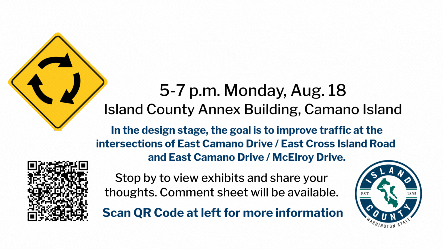 Meeting on proposed Camano roundabouts 5-7 p.m. Monday, Aug. 18 Island County Annex Building, Camano