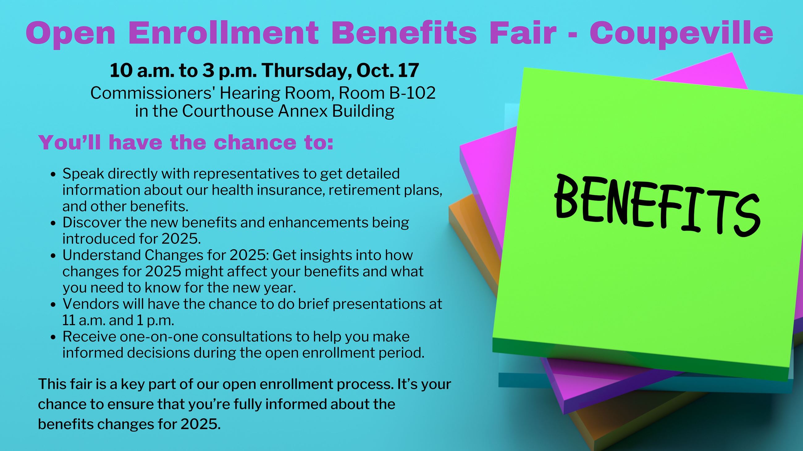 Information about a benefits information fair for Island County employees on Whidbey Island